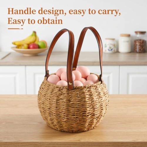 Farmhouse Egg Basket,Large Egg Collecting Basket with Handle,Round Wicker Egg Basket for Gathering and Carrying Fresh Eggs, Egg Holder for Kitchen Countertop,Picnic,Garden