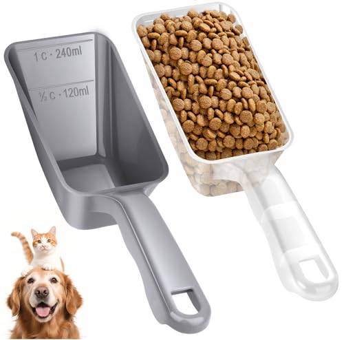 2-Pack Dog Food Scoop 1 Cup, Plastic Pet Food Measuring Scoop With Measuring Lines (1/2 & 1 Cup Markings) for Dogs, Cats, Fish, Bird（Transparent and Grey - color: Transparent and Grey