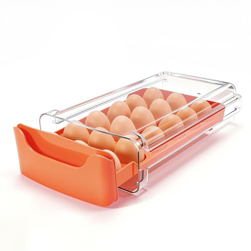 Egg-Holder for Fridge, Fits Small to Large Eggs, Orange | 18 Egg-Storage for Refrigerator Countertop, 1 Tier Dispenser with Drawer, Stackable Clear Egg Tray Container - size: 1 Tier-Orange