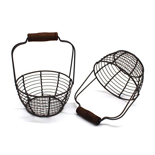 Metal Wire Mini Egg Baskets Rust Gathering Baskets with Wooden Handle Country Vintage Style Storage Baskets. Set of 2