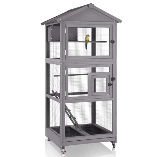 GUTINNEEN Large Bird Cage Outdoor Wooden Aviary Indoor on Wheels, with Play Stand, Perches, Nest Habitat & Wire Mesh Tray for Easy Cleaning