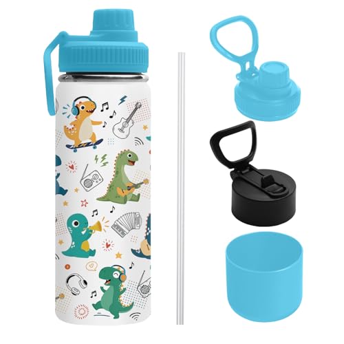 Dinosaur 18oz Water Bottle, with 2 Lids Handle, Insulated Sport Cup | 18oz Stainless Steel Travel Tumbler,Reusable Leak proof Anti Slip Boot Mug, Christmas Birthday Dinosaur Gift for Son - color: Dinosaur