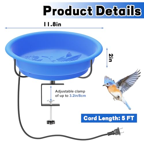 Deck Mounted Bird Bath for Outside, Detachable Plastic Bowl, Blue | Adjustable 3.2" Metal Clamp, Easy to Clean & Install, Railing Birdbath & Birdfeeder, Balcony Fence Garden Decor