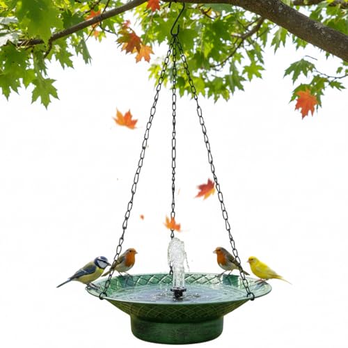 Hanging Bird Bath with Solar Fountain, 12.6" Solar Powered Bird Bath, Metal Hummingbird Fountain Bird Bath for Garden, Patio, Lawn Decor, Green - color: Green