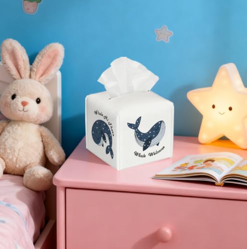 Cute Whale Welcome&Hi There Tissue Holder,Kids Bedroom Decor | 5.2Inch Funny Whale PU Tissue Box Cover,Decor Fits Bathroom, Nursery, Bedroom & Apartment,Gift for Birthday&Housewarming Gift - color: White Decoration Theme-11