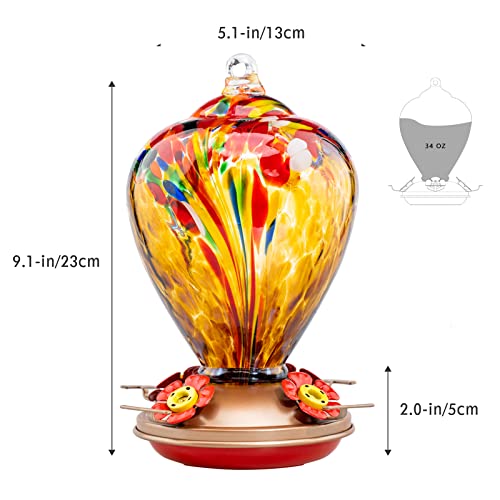 Hummingbird Feeder, 34OZ Hand Blown Glass Hummingbird Feeders for Outdoors Hanging, 4 Feeding Perch with Ant Moat Leakproof, Garden Yard Decor Gifts for Women Mom (Golden Balloon) | Decorative Self Hanging Nectar Bird Feeder for Hummingbirds, Garden Patio