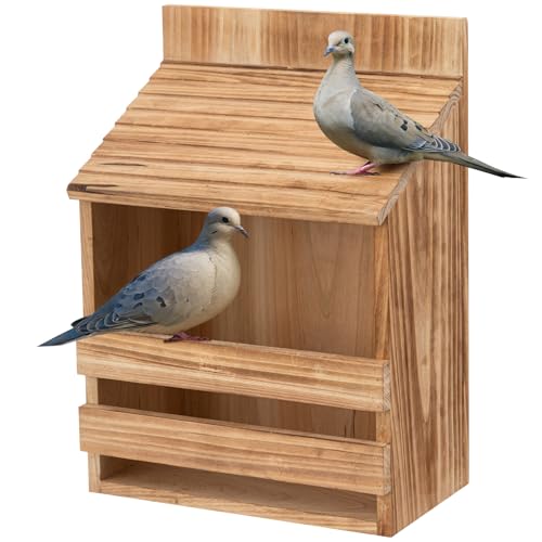 Briwooody Wooden Open Mourning Dove Nesting Box for Outside Dove Bird House 14 H x 10 W x 6 L Inches Bird Nesting and Roosting Platform Hanging Birdhouse Garden Decoration (Flat Roof, Brown) - style: Flat Roof