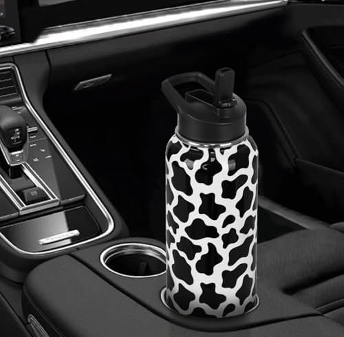 Cow Print Water Bottle with Straws Insulated Cowboy Travel Thermal Double Walled Vacuum Cup Leak Proof Stainless Steel Tumbler Cow Lovers Decor Gifts-32 oz - color: Black white