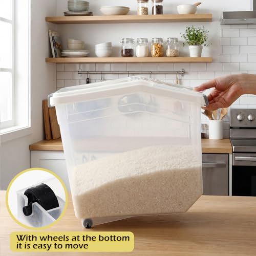 4 Pcs Rice Storage Container 38 lb Flour Container with Wheels Measuring Cup Clear Pet Food Bin Dog Birds Cat Food Bin Grain Cereal Organizer Box for Dry Baking Supplies(White Lid) - color: White Lid, size: 38 lb