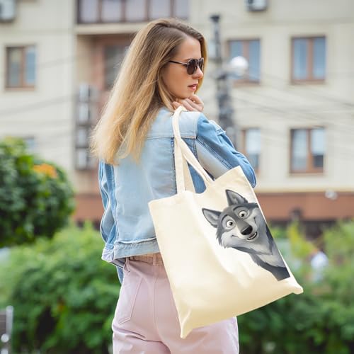 Cartoon Canvas Tote Bag, Gifts for Women Men Birthday Christmas Reusable Tote Shoulder Bag for Grocery Shopping 01 - color: Wolf 479