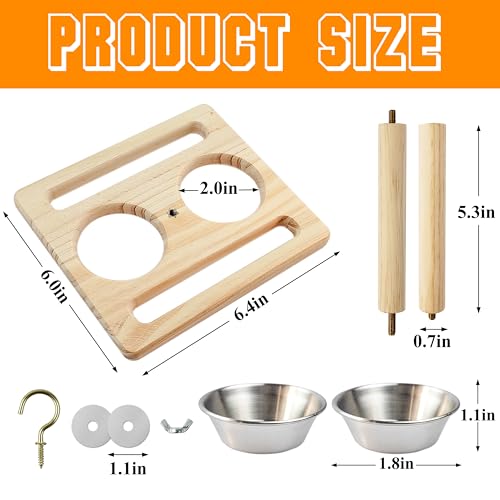 Bird Perch with Stainless Steel Feeding Bowl Cups,Parrot Wood Perch Stand Toy,Bird Cage Accessory,Parakeet Supplies for Parakeet Lovebird Cockatiel Conure Budgie Small Parrots(Small Size)