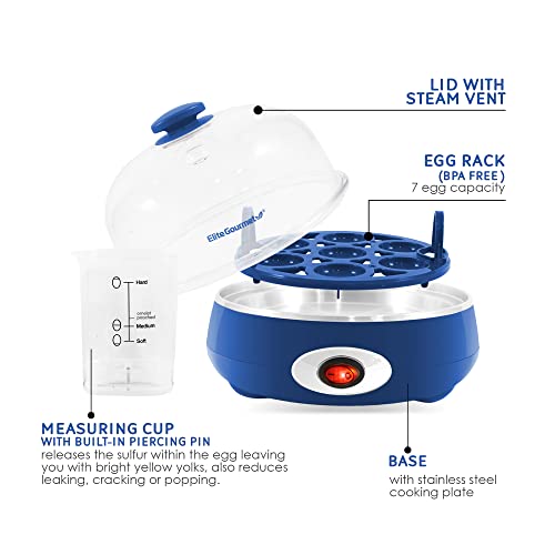 Elite Gourmet EGC322CBL Easy Egg Cooker, 7-Egg, BPA-Free, Classic Blue | Cooks soft, medium, or hard-boiled eggs with auto shut-off - electric operation - includes measuring cup - color: Blue, size: 7 Egg