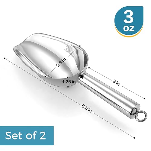 Herogo 3oz Mini ice Scoop Set of 2, Small Stainless Steel Scooper for Candy/Flour/Bean/Pet Food/ Ice Cube, Metal Utility Scoops for Kitchen Bar Party Wedding, Dishwasher Safe & Heavy Duty - color: Silver