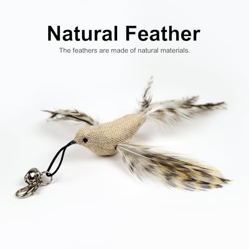 TTcat 4 Pack Linen Bird Cat Wand Refills, Natural Feather Detachable Replacement Toy Heads with Bell, Universal Lobster Clip-on Cat Teaser Attachments, Indoor Kitten Hunting Boredom Relief Prey Toy. - color: 4Pcs Flying Birds