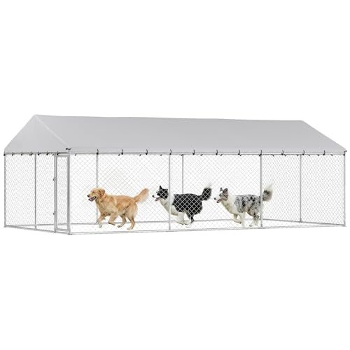 PawHut Outdoor Dog Kennel, 20' x 10' x 7', Waterproof Roof for Large Dogs | Heavy Duty Galvanized Chain Link Pet Enclosure, 2 Secure Lock for Chicken, Duck - size: 240.0"L x 240.0"W x 84.0"H