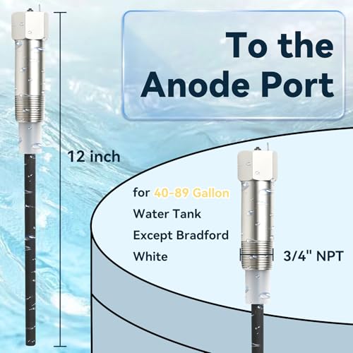 Powered Anode Rod, for 40-89 Gallon Water Tank Except Bradford White | Titanium Electrical Anode Rod for Water Heater, Prevent Inner Tank Corrosion and Stop Leaks,Reduce Sediment Buildup and Scale