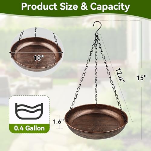 10" Compact Metal Hanging Bird Bath with Chains | 1.6" Deep Bowl, 0.4Gal Capacity, 3 Chain Support, Easy Cleaning, Rust Resistant, Small Space Decor - size: 10"