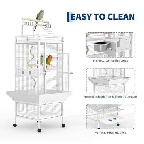 Garvee 60in Large Bird Cage, Rolling Parakeet Cage with Play Top, Bird Rope Perche, Big Bird Cages for Parrots, Parakeets, Cockatiels, Conures-White
