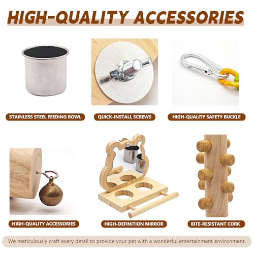 5PCS Bird Perch and Toy Set. Includes a Perch, Feeder, Swing, and Chew Toy. Hangable Natural Solid Wood Birdcage Accessories, Suitable for Small Budgies, Cockatiels, Conures, Lovebirds, Etc.