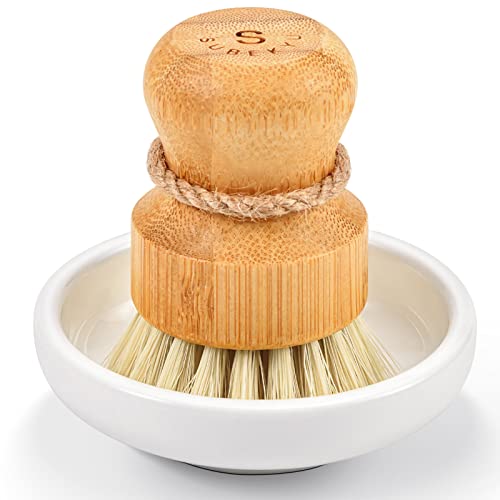 SUBEKYU Bamboo Dish Scrub Brush,Vegetable Brush,1 Pack with Ceramic Holder | Produce Brush,Natural Sisal Bristles,Kitchen Wooden Cleaning Scrubbers Set - color: Ceramics Base + Sisal Brush, 1p