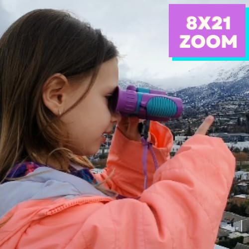 Kids Binoculars Ages 3-12, 8x21 Compact Shockproof Purple | bird watching, hiking, outdoor adventures, includes carry case, neck strap, compass, carabiner, high resolution optics - color: Purple