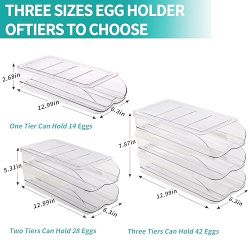 RoskDeewat Egg Holder for Fridge, Automatic Rolling Egg Container -2 Tier | Stackable Fridge Organizers and Storage with Lid, Sturdy Clear Plastic Egg Dispenser & Tray for Refrigerator - size: 2 Tiers Holder 28 Eggs