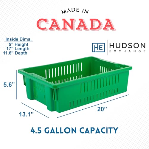Hudson Exchange 20 x 13 x 5.6" (4 Pack, 4.5 Gallon) Agricultural Nest and Stack Vented Crate Handled Storage Container Tote, Green - color: Green