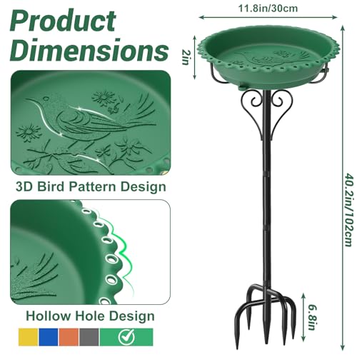 Bird Bath for Outside,12" Plastic Removable Bowl,Green | Heavy Duty Metal 5 Prongs Base,Easy CLean,Weather-Resistant,Rust-Proof,40" Freestanding Birdbath for Garden Patio Yard Lawn - color: Green-Freestanding