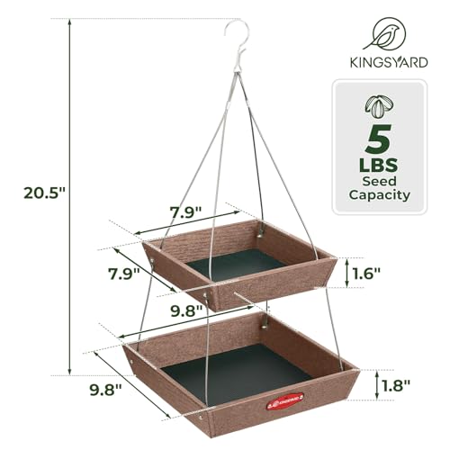Kingsyard 2 Tier Large Platform Bird Feeder for Outdoors Hanging | Large Recycled Poly Lumber Tray, 5 Lbs Capacity, Garden Decoration Attracts Cardinal Bluebird Goldfinch, Brown - color: Brown