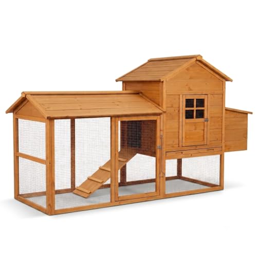 84.6" Wooden Chicken Coop for 4-6 Chickens, Outdoor Backyard Poultry House with Spacious Run, Nesting Box with Lid Support, Slide-Out Tray for Easy Cleaning, Weather-Resistant Animal Habitat