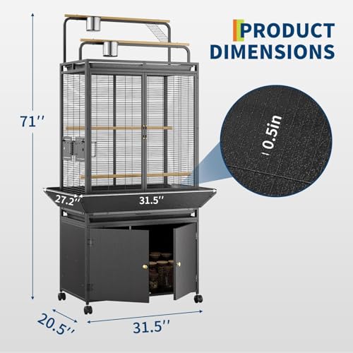 GarveeTech Extra Large Bird Cage with Play Top & Storage Cabinet, 71'' H | Corner Flight Birdcage for Parrot, Budgie, Conure, Cockatiel, Macaw, Big Rolling Bird Aviary