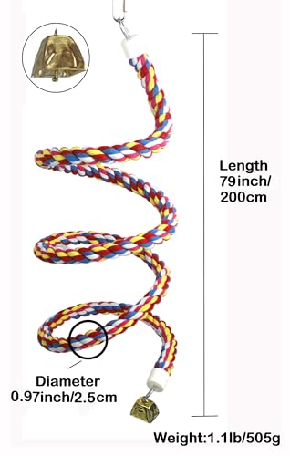 2PCSx 79inch(200cm) Bird Spiral Rope with Golden Bell Perches Birdcage Swing Toys 100% Cotton Natural Bird Perch Peck/Chewing Climbing Standing Bungee Parrot Toys for Regular to Large Size Parrot - size: 79 inches (2 pieces)