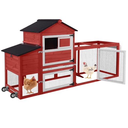 GUTINNEEN Chicken Coop Mobile Hen House On Wheels Easy to Move Wooden Poultry Cage with Nesting Box,Opening Wire Netting Roof,Red - color: Red