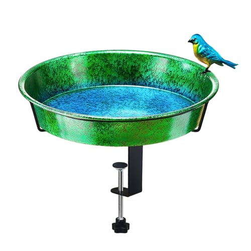 Metal Deck Bird Bath for Balcony Railing, Metallic Green & Blue 11.5” Bathing Bowl & Feeder with Adjustable Steel Clamp Outdoor Garden Decor Yard Art (0.7 Gallon) - color: Metallic Green/Blue