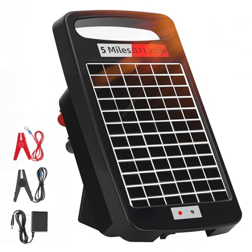 5 Miles Solar Powered Electric Fence Charger, 0.11J Portable for Livestock | 24/7 Day/Night Mode, Portable Solar Panel/AC Dual Power, 10200V Output,Weatherproof, Easy Setup, Deters predators for Gardens - size: 5M 0.11J