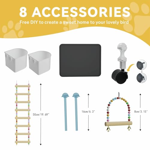 STILLCOVE Large Flight Bird Cage, with Bowls & Perches & Ladder & Swing | with Removable Tray, Universal Wheels, Wide Birdcage for Parakeet, Parrot, Cockatiel, Conure, Budgie, Canary, Finch, Lovebird - size: 14.2"L x 18.5"W x 39.4"H