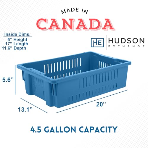 Hudson Exchange 20 x 13 x 5.6" (4 Pack, 4.5 Gallon) Agricultural Nest and Stack Vented Crate Handled Storage Container Tote, Blue - color: Blue