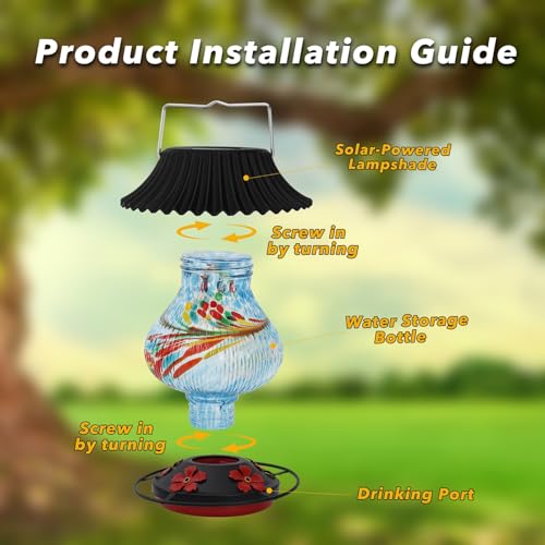 Solar Glass Hummingbird Feeder for Outdoors - 26 fl.oz Hummingbird Feeders | Best Solar Feeders with Ant Moat & Perch, 5 Feeding Ports, Wasp Leak Proof, Hand Blown Glass Color Changing Glowing in Dusk - color: Blue