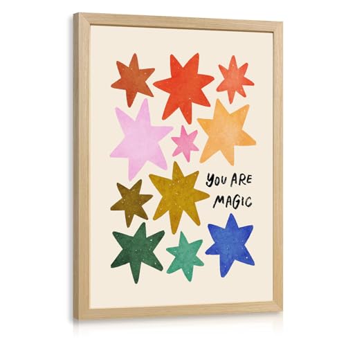 RLKHG Wood Framed You Are Magic Wall Art, Colorful Star Nursery Decor, Inspirational Cute Kids Room Poster Print, Playful Modern Rainbow Star Artwork for Children's Bedroom Playroom 12x16 Inch - color: Star, size: 16"L x 12"W