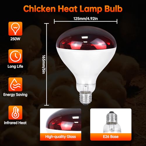 LUCKY HERP Heat Lamp for Chickens, 250 Watt Red Heat Lamp Bulbs, Infrared Heat Lamp for Chickens, Chicks, Reptile, Pets, Brooder Coop, Poultry (1 Pack) - size: 250*1