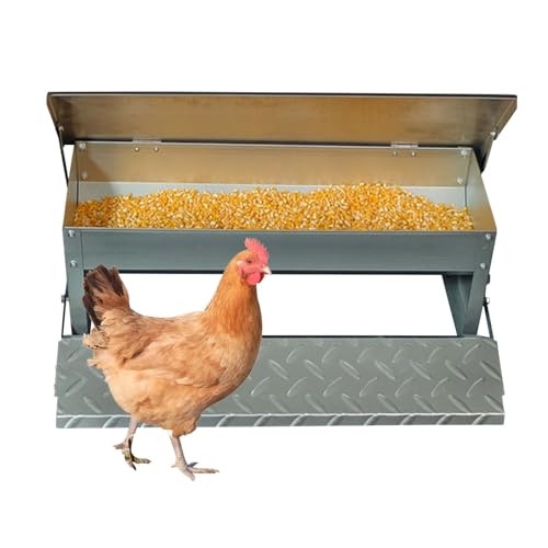 Automatic Chicken Feeder Treadle Chicken Feeder Trough Self-Opening Galvanized Steel Large Capacity Poultry Feeder Outdoor Coop Food Dispenser with Rain Cover for Ducks Bantams(Size:Large - 82.5x18cm) - size: Large - 82.5x18cm
