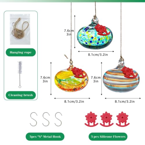 QFkris 3 Pack Blown Glass Hummingbird Feeder for Outdoors Hanging | 3.2" Small Humming Bird Feeder with Flower Feeding Ports for Outside, Garden Backyard Decor, Gifts for Women - color: Rainbow