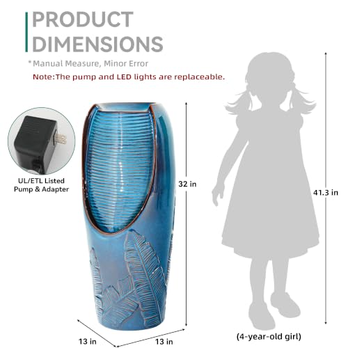 Autodaya 33" H Ceramic Jar Outdoor Water Fountain, Banana Leaf-Texture | Artisan High-Fired Glaze, Warm Ambient LED Lighting, Upgraded Pump, Soothing Cascading Water Feature For Garden Patio Yard - color: 32"h-leaf Pattern Teal Blue Glaze