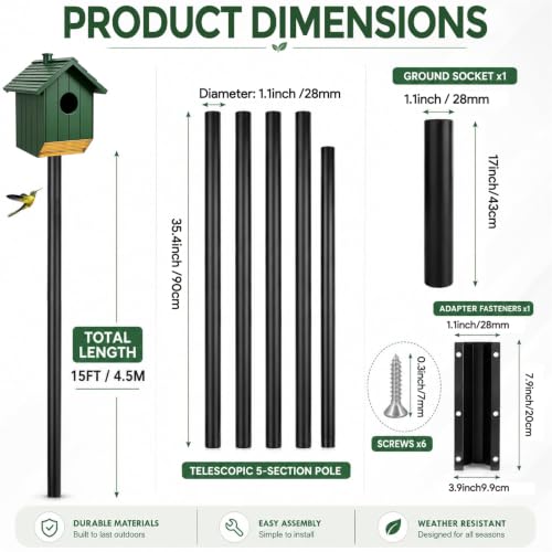 15 FT Telescoping Bird House Pole, Heavy Duty Bat House Mounting Pole | Adjustable outdoor mounting pole with ground socket for Purple Martin houses, birdhouses and bat houses in gardens and yards
