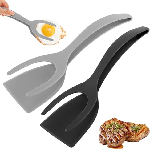 2 in 1 Egg Flipper Spatula, Non-Stick Grip and Flip Spatula Tongs for Pancakes, Omelets, Fish, Eggs, Burgers, Steaks, Heat Resistant Cooking Tool for Kitchen use (Black+Grey) - color: Black+Grey