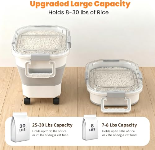 30 Lbs Rice Container, Collapsible Dog Food Storage Container | Airtight Cat Food Container with Wheels, Transparent Lid, Measuring Cup, Scoop and Handle, BPA Free for Pet Food, Bird Seed - size: 29lbs