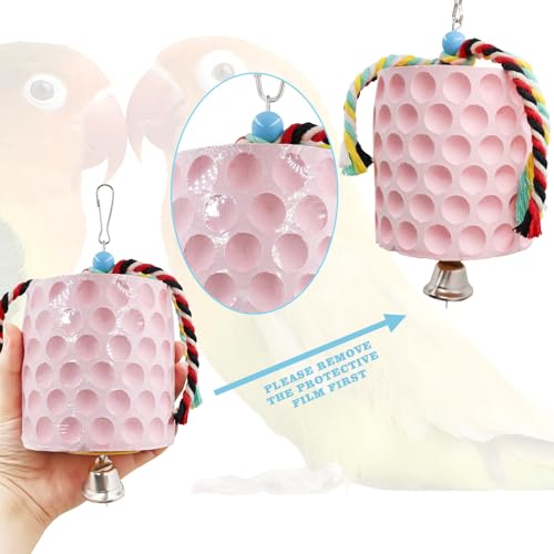 Bird Beak Grinding Stone, Parrot Chew Toys with Bells, Bird Toys, Cage Accessories for African Grey, Amazon Parrots, Budgies, Cockatiels, Lovebirds, Conures, Quakers, Small to Medium Birds - color: Pink