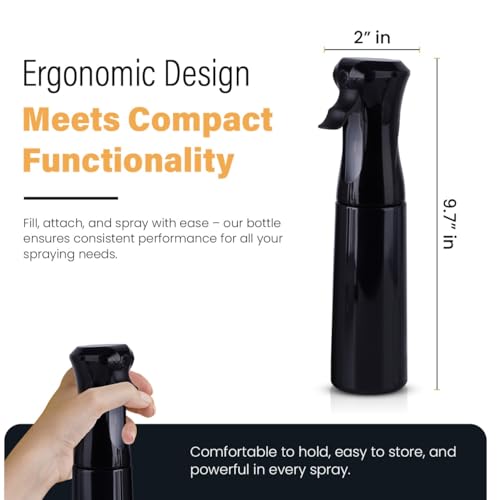 VIGOR PATH Continuous Spray Bottle for Hair – Fine Mist Mister for Hairstyling, Cleaning, Plants, Pets, Barbers, Salons, and Essential Oil Applications (300ml/10.1 oz) Black - color: Black - 10oz