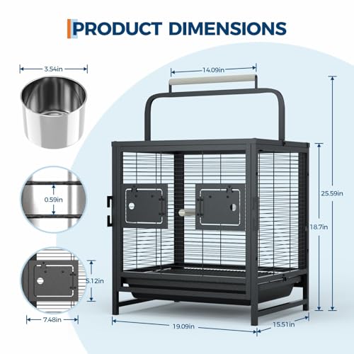 19-Inch Wrought Iron Bird Cage, Travel Carrier for Small Birds, Parrot Cage with Removable Tray & Wooden Perch, Ideal for Parakeets, Cockatiels, Lovebirds, Conures, Budgies, Canaries, Pigeons