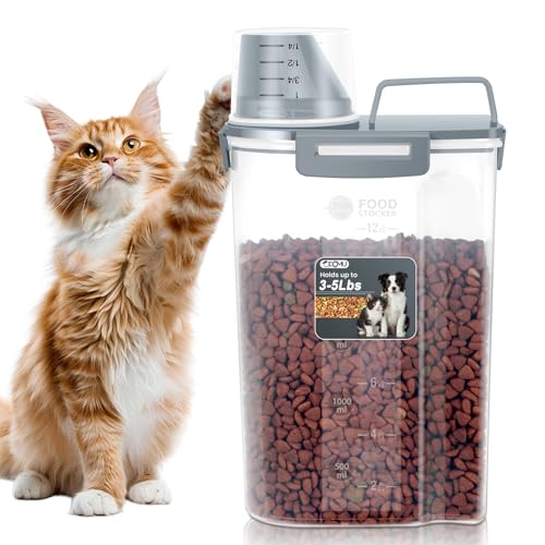 Dog Cat Food Storage Container with Cup (Dark Gray, 2.5L) | Pet Food Pourable Container Airtight with Large Spout, BPA-Free Plastic Food Dispenser for Pet Food, Bird Seed, Rice, Flour - color: Dark Gray, size: 2.5L